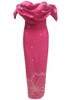 Draped Bardot Crystal Pearl Floral Maxi Dress Hot Pink