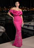 Draped Bardot Crystal Pearl Floral Maxi Dress Hot Pink