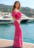 Draped Bardot Crystal Pearl Floral Maxi Dress Hot Pink