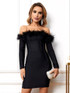 Long Sleeve Feather Bardot Dress Black
