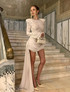 Long Sleeve Draped Sequin Lace Dress White