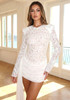 Long Sleeve Draped Sequin Lace Dress White