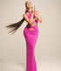 Halter Crystal Ruched Maxi Dress Hot Pink