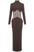Long Sleeve Structured Mesh Maxi Dress Brown