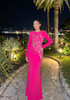 Long Sleeve Crystal Floral Maxi Dress Hot Pink