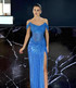 Draped Bardot Sparkly Maxi Dress Blue