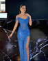 Draped Bardot Sparkly Maxi Dress Blue