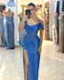 Draped Bardot Sparkly Maxi Dress Blue