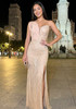 Strapless Draped Pearl Sequin Crystal Maxi Dress Nude