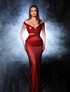 Mirrored Bardot Sparkly Draped Maxi Dress Red