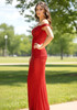 Mirrored Bardot Sparkly Draped Maxi Dress Red