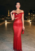 Mirrored Bardot Sparkly Draped Maxi Dress Red