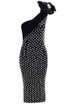 Floral One Shoulder Pearl Sequin Maxi Dress Black