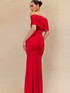 Ruched Bardot Maxi Dress Red
