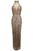 Halter Crystal Sequin Maxi Dress Gold