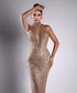 Halter Crystal Sequin Maxi Dress Gold