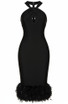 Halter Feather Hem Midi Dress Black