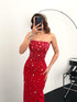 Strapless Crystal Embellished Maxi Dress Red
