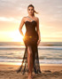 Crystal One Shoulder Tassel Maxi Dress Black