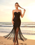 Crystal One Shoulder Tassel Maxi Dress Black