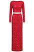 Long Sleeve Crystal Maxi Two Piece Dress Red