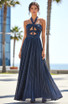 Halter Cut Out Detail A Line Maxi Dress Navy Blue