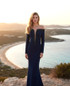 Long Sleeve Bardot Crystal Maxi Dress Navy Blue