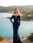 Long Sleeve Bardot Crystal Maxi Dress Navy Blue