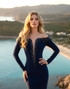 Long Sleeve Bardot Crystal Maxi Dress Navy Blue