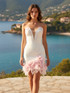 Strapless Crystal Floral Feather Hem Dress White Pink