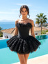 Strapless Petal Floral Corset A Line Dress Black
