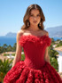 Strapless Petal Floral Corset A Line Dress Red
