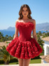 Strapless Petal Floral Corset A Line Dress Red