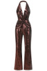 Halter Draped Sequin Jumpsuit Brown