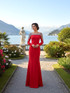 Long Sleeve Crystal Shoulders Maxi Dress Red