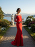 Long Sleeve Crystal Shoulders Maxi Dress Red