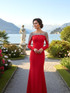 Long Sleeve Crystal Shoulders Maxi Dress Red