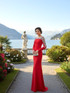 Long Sleeve Crystal Shoulders Maxi Dress Red