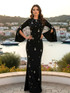 Long Cape Sleeve Crystal Maxi Dress Black