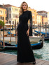 Crystal Embellished Cape Sleeve Maxi Dress Black
