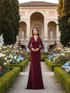 Long Sleeve Embellished Shoulders Maxi Dress Burgundy