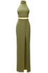 Halter Embellished Trim Two Piece Maxi Dress Green