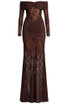 Long Sleeve Draped Bardot Lace Maxi Dress Brown