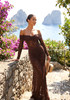 Long Sleeve Draped Bardot Lace Maxi Dress Brown