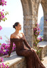 Long Sleeve Draped Bardot Lace Maxi Dress Brown