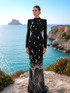 Long Sleeve Crystal Flower Detail Maxi Dress Black