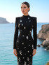 Long Sleeve Crystal Flower Detail Maxi Dress Black