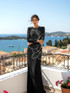 Long Sleeve Crystal Floral Embellished Maxi Dress Black