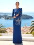 Long Sleeve Crystal Floral Embellished Maxi Dress Blue