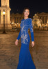 Long Sleeve Crystal Floral Embellished Maxi Dress Blue